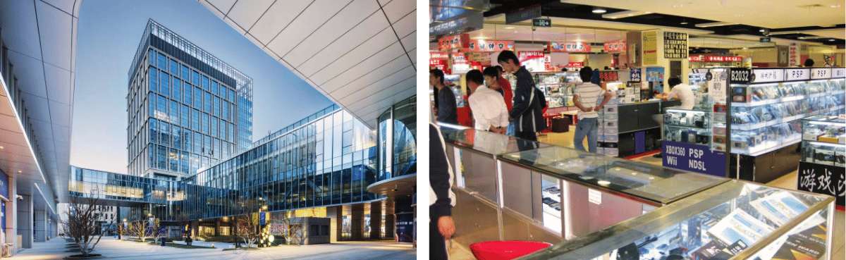 A comparison between the exterior facade of a glass building and the interior of an electronics store with display cases and customers