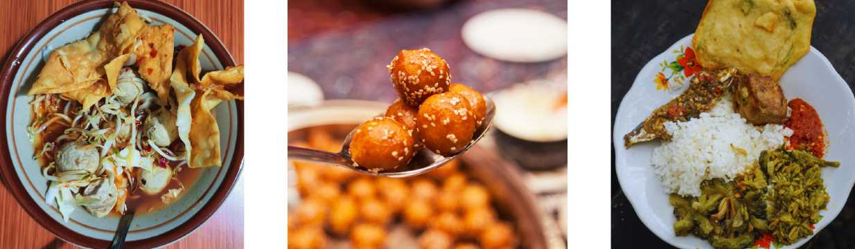 Collage de platos de comida asiática y especialidades locales servidas en diferentes presentaciones.