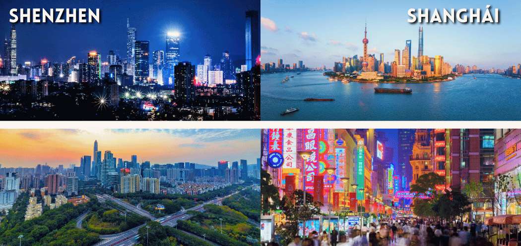 Collage nocturno y diurno de Shenzhen y Shanghái, mostrando rascacielos iluminados, autopistas rodeadas de vegetación y una calle comercial con letreros de neón