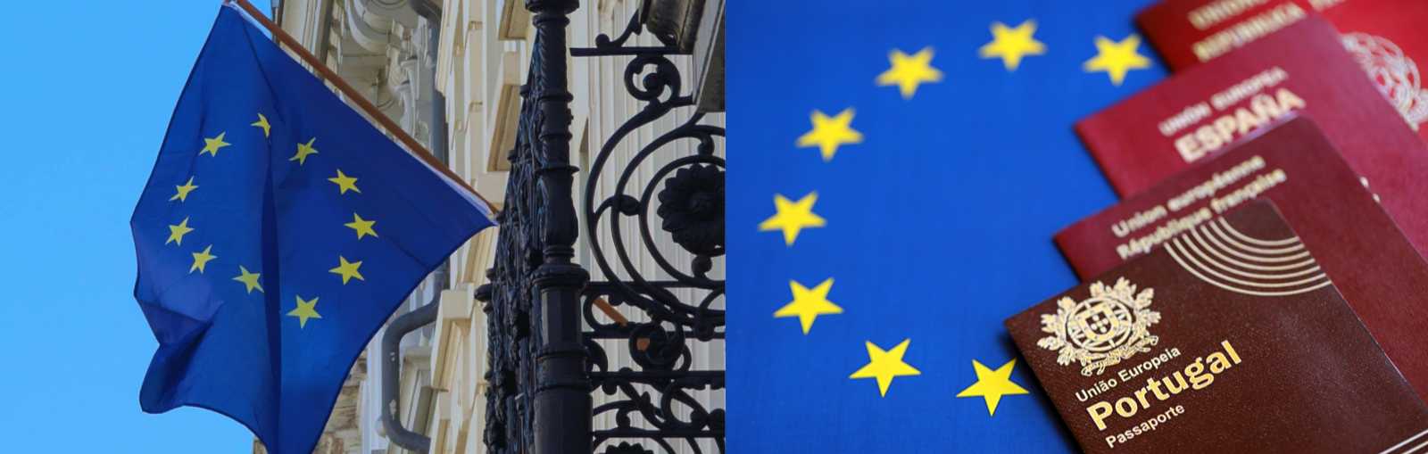 Bandera de la Unión Europea junto a pasaportes europeos, representando la libre circulación dentro de Europa