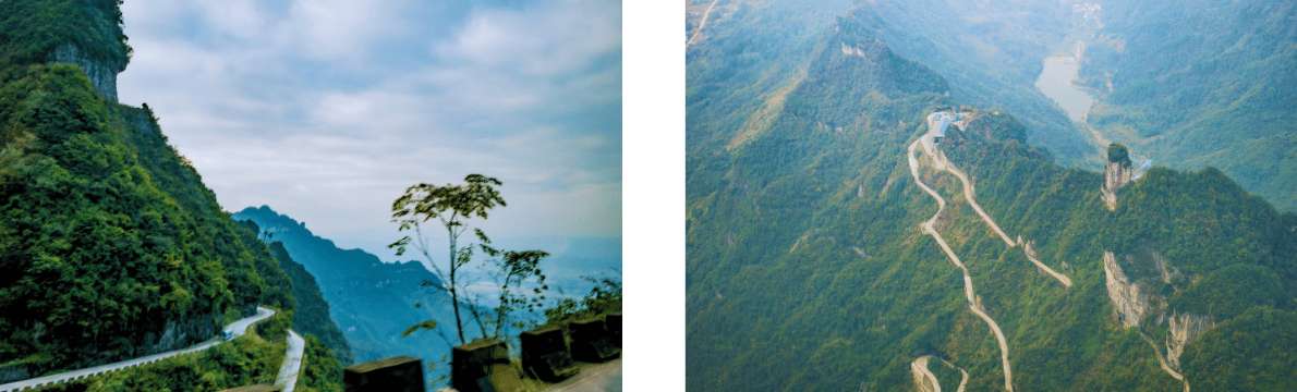 Die kurvenreiche Panoramastraße am Tianmen Mountain in Zhangjiajie, China