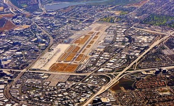 Aerial view of Los Angeles International Airport and surrounding freeways