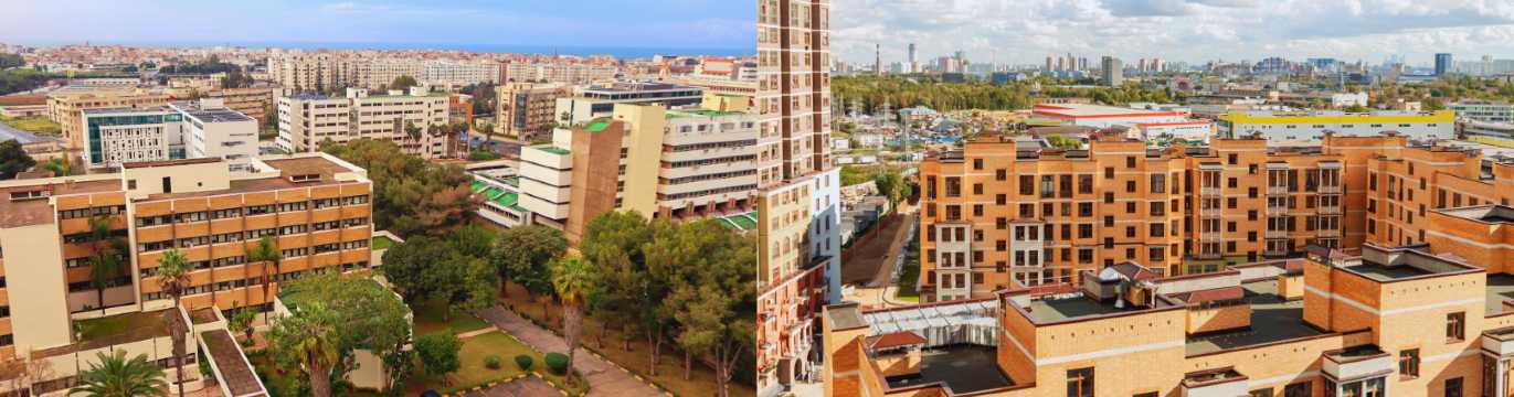 Vista panorámica de barrios residenciales y edificios modernos en Rabat