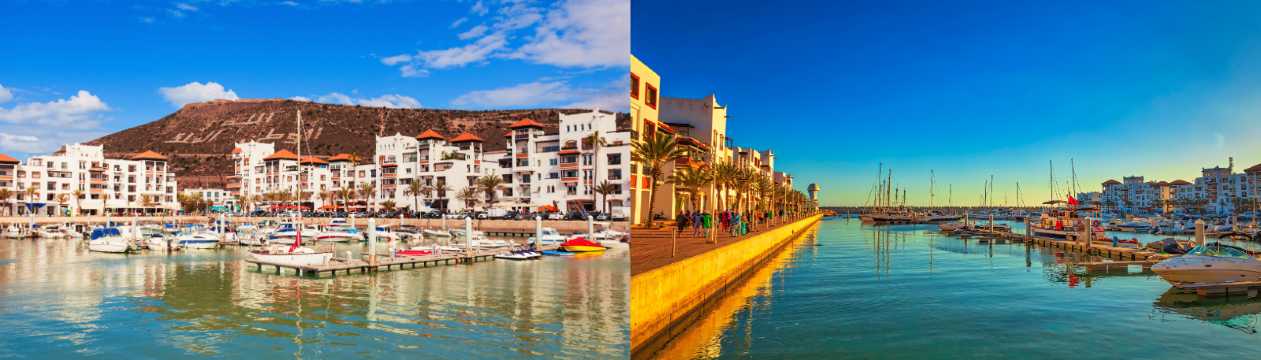 Puerto deportivo de Agadir con barcos, edificios residenciales y reflejos en el agua al atardecer