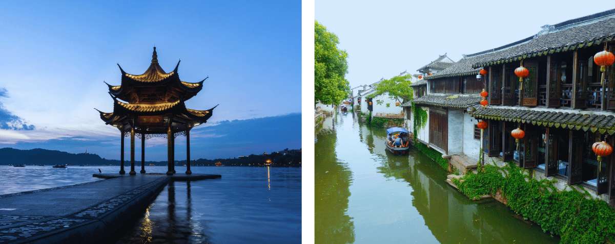 Pavillon au bord du lac de l'Ouest à Hangzhou et canal traditionnel à Suzhou avec ses maisons anciennes