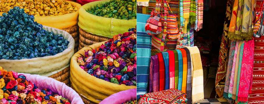 Puestos de mercado en Agadir con especias, tintes naturales y textiles de colores vivos