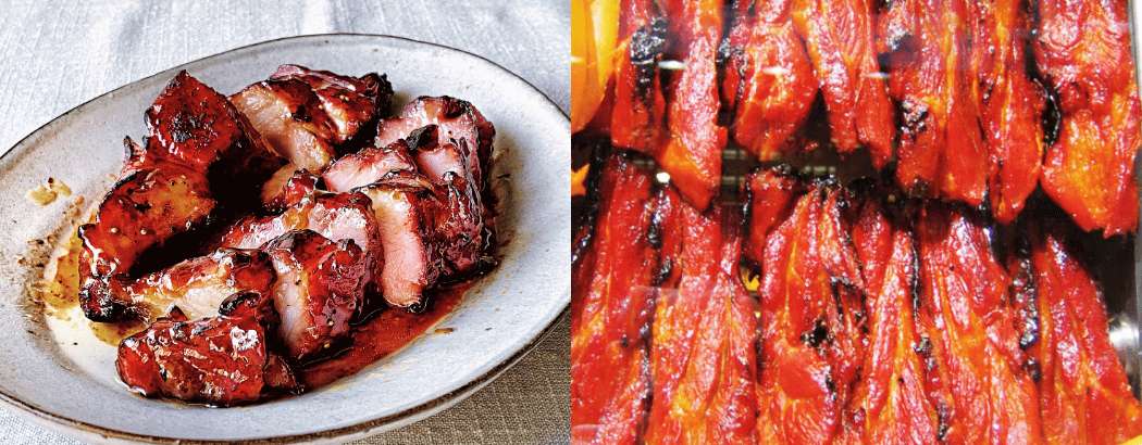 Char siu cantonais laqué, servi dans une assiette et suspendu dans la vitrine d'une boutique traditionnelle.