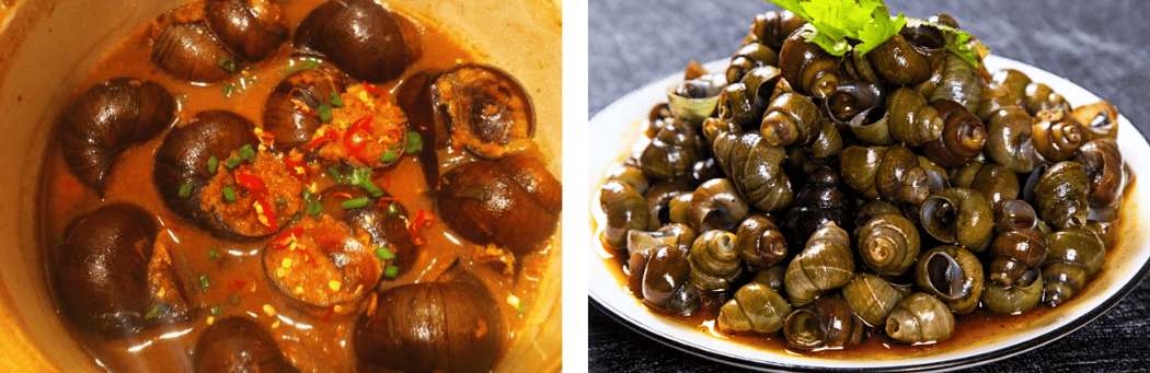 Caracoles del río Li preparados con salsa picante, uno de los aperitivos más conocidos de Guilin