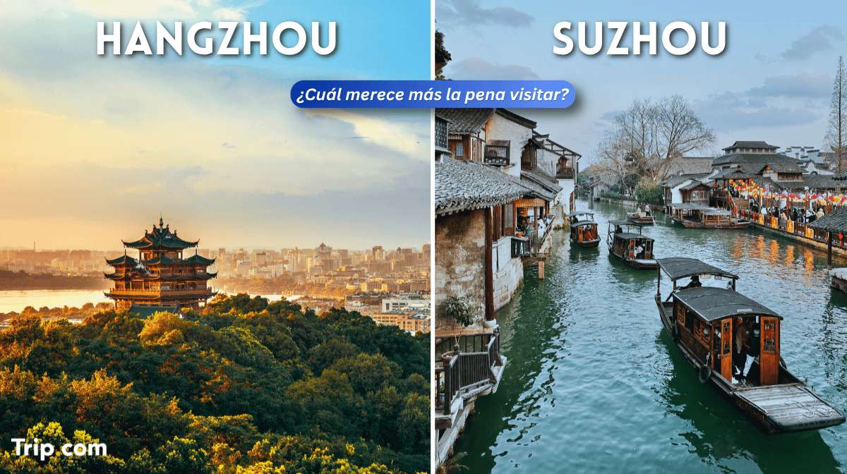 Comparativa visual Hangzhou vs Suzhou con lago, pagoda y canales tradicionales