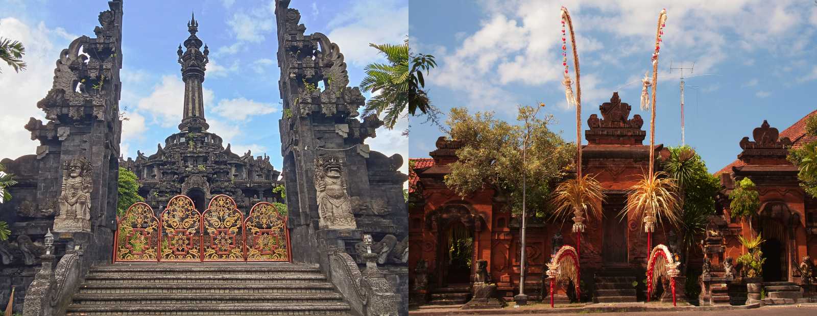 Traditional Balinese architecture with black stone temples and ornate ceremonial gates