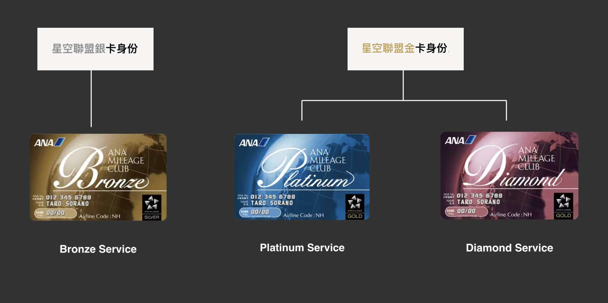 不同航空公司的會員級別，在「星空聯盟」的相應等級