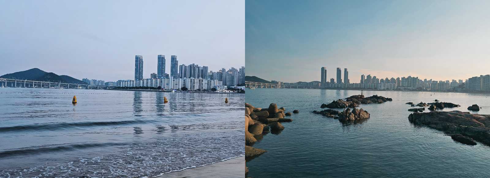 Montaje con la playa de Busan al amanecer y una costa rocosa con el skyline urbano al fondo
