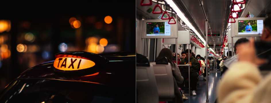 Illuminated taxi sign at night and passengers on the Shanghai metro