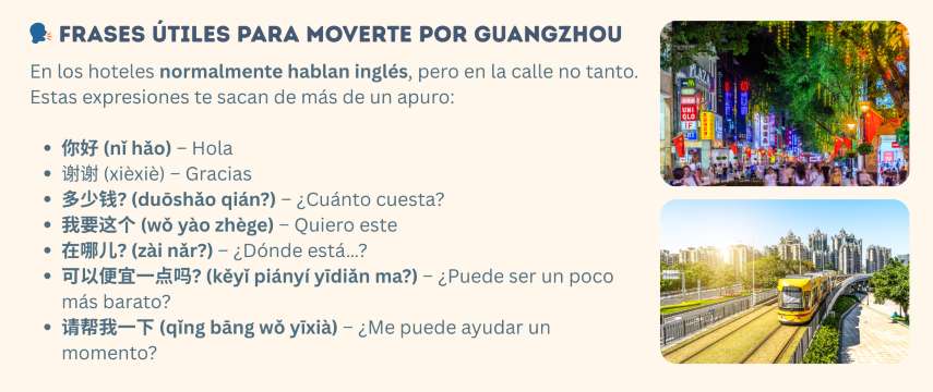 Infografía con frases básicas en chino para viajeros en Guangzhou, acompañada de fotos de una calle comercial iluminada y un tranvía moderno