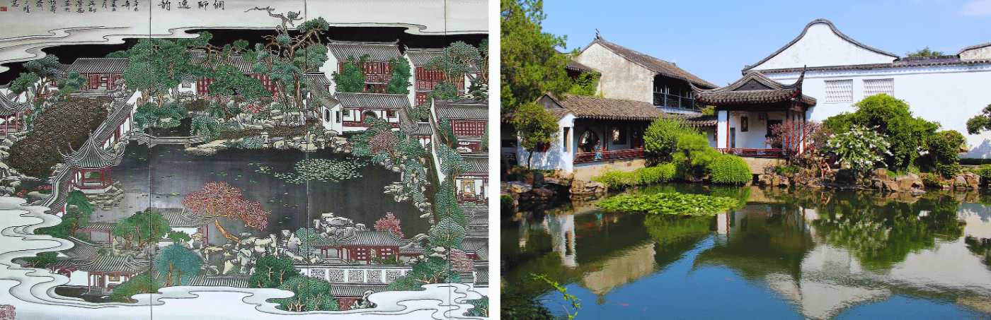 Illustrazione di un giardino classico cinese accanto a un'immagine reale di Suzhou con laghetto, padiglioni e case tradizionali
