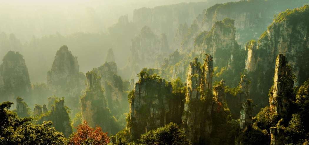 Panoramablick auf die berühmten Sandsteinsäulen des Zhangjiajie-Nationalwaldparks