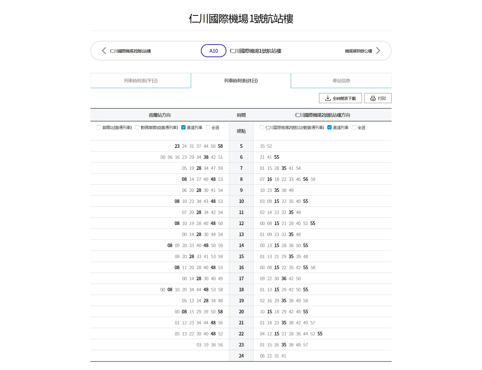 AREX Incheon Airport Station Timetable - Weekdays