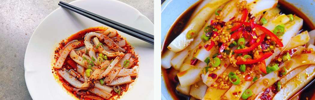 Liang Fen épicé à l'huile de piment et à la ciboulette, un incontournable de la cuisine de rue de Chengdu