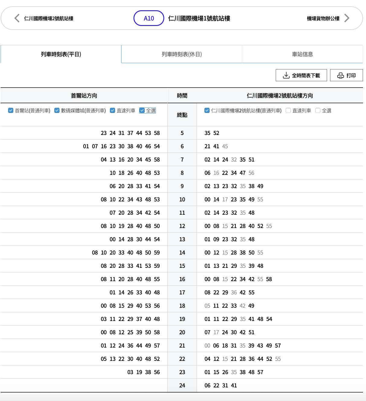 AREX 仁川國際機場 1 號航站樓時刻表 | 平日