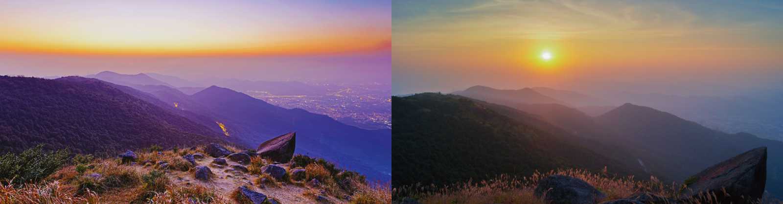 Vista panorámica al atardecer desde una montaña de Lantau, con colinas en capas y luces de la ciudad a lo lejos
