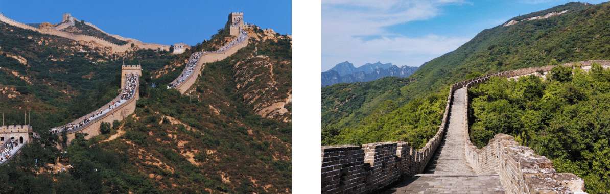 Gran Muralla China con alta afluencia de visitantes en un día soleado.