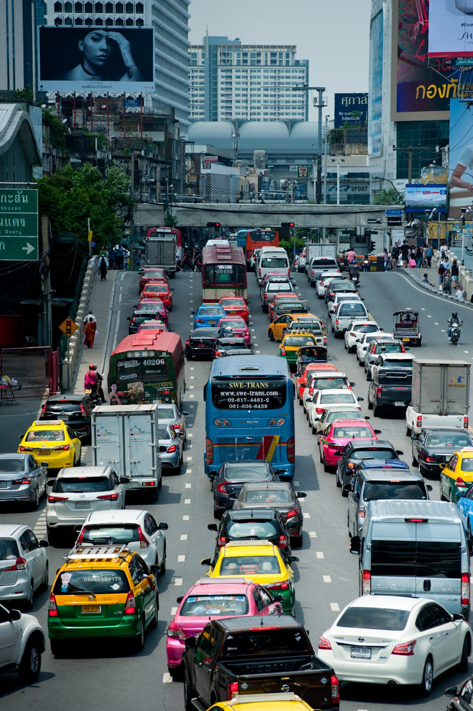 A huge traffic jam along the main roads of Bangkok