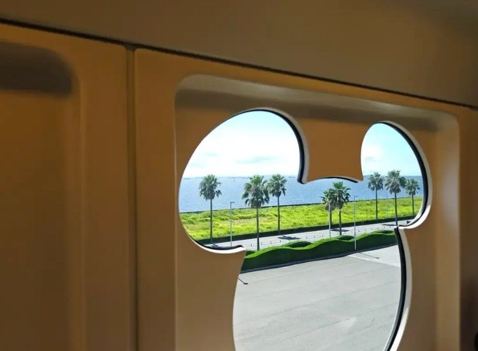 Tokyo Bay view from a Mickey-shaped Disney Resort Line monorail window