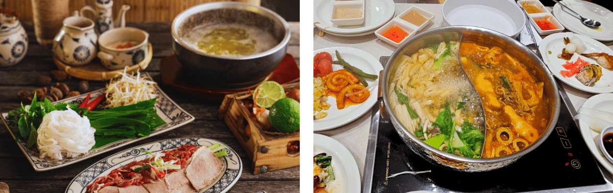 Mesa con hot pot dividido en dos caldos y variedad de ingredientes, comida china compartida en Pekín