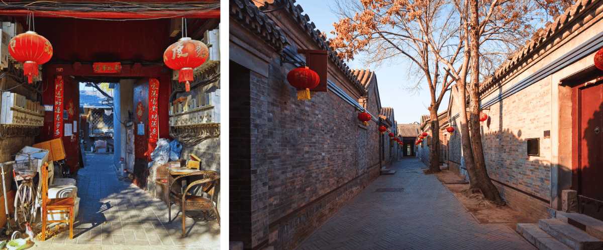 Hutongs de Pekín con faroles rojos y arquitectura tradicional en calle histórica