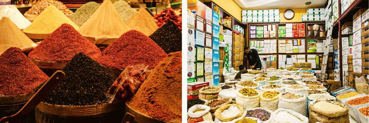 Confronto tra mucchi di spezie in un mercato e l'interno di un negozio di frutta secca e legumi