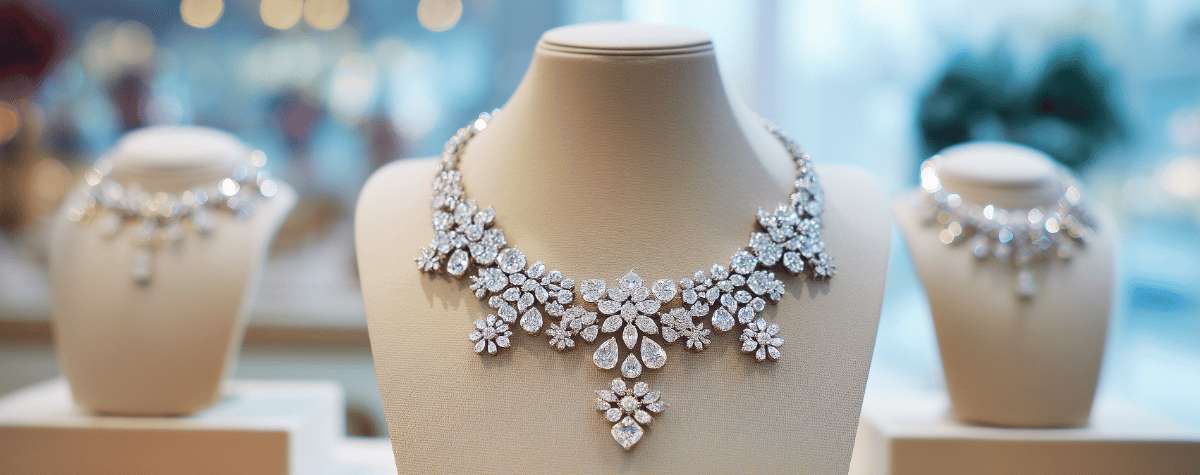 Colliers et bijoux exposés dans une bijouterie