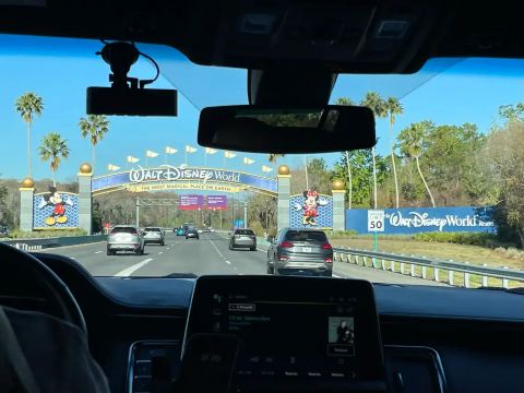 Walt Disney World entrance seen from a car in Orlando, Florida