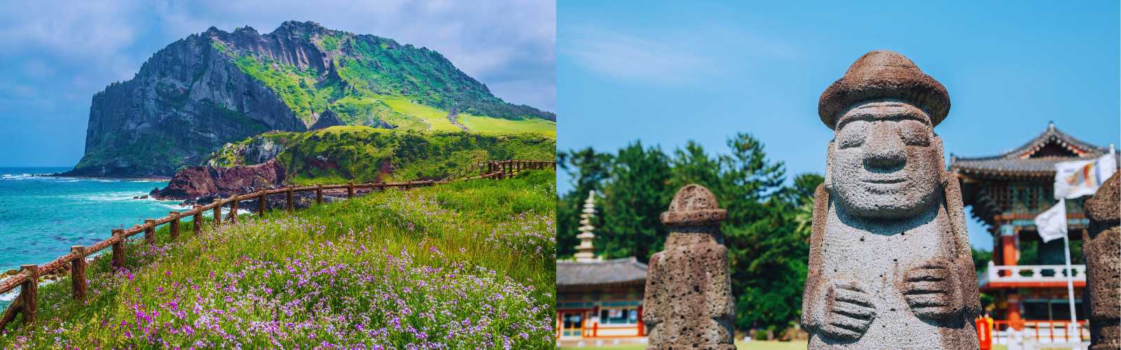 Collage con la montaña Seongsan Ilchulbong rodeada de praderas floridas frente al mar y las estatuas tradicionales Dol Hareubang en la isla de Jeju