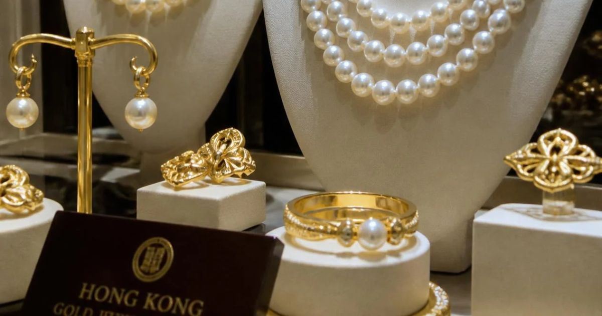 Joyas de oro y perlas expuestas en el escaparate de una joyería de Hong Kong.