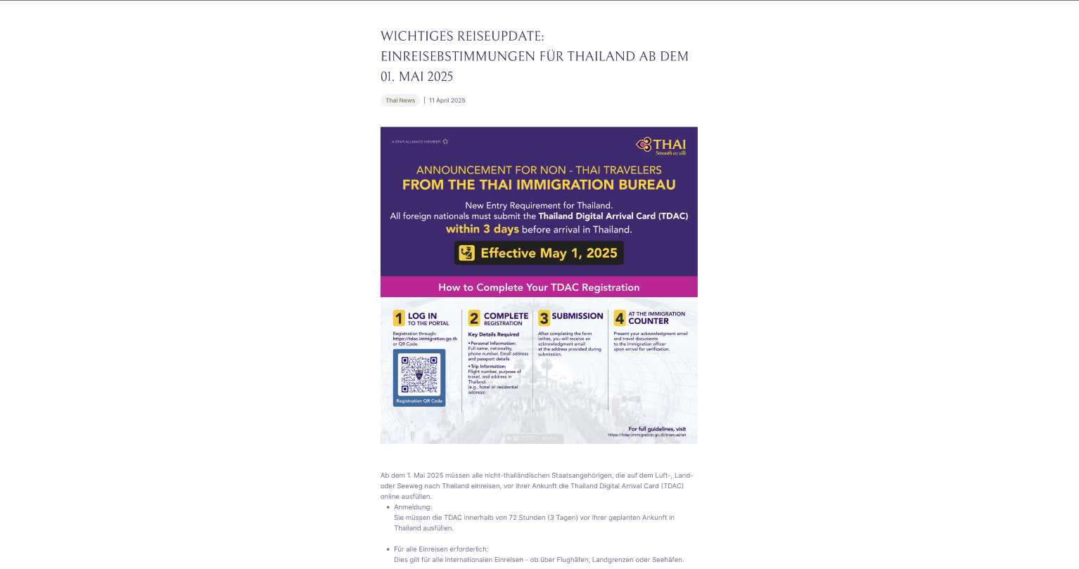 Auch die Airlines wie Thai Airways informieren ihre Passagiere über die gesetzlicehn TDAC-Vorschriften