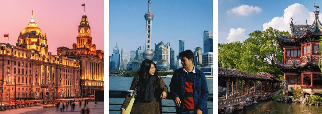 Collage de Shanghái con el Bund iluminado, una pareja de turistas frente al horizonte de Pudong y el Jardín Yuyuan con su arquitectura tradicional china