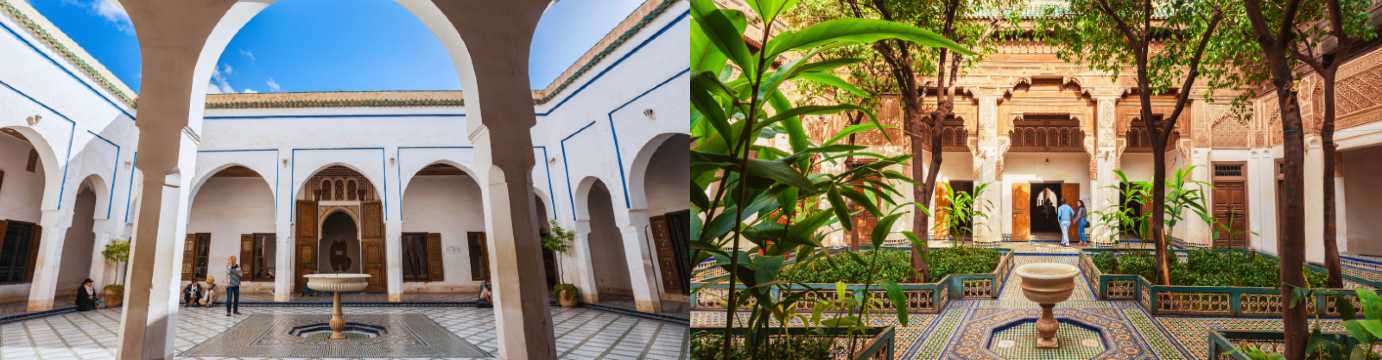 Patio interior de un palacio de Marrakech con arcos blancos, fuente central y mosaicos tradicionales