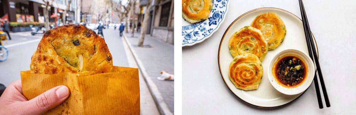 Gefülltes chinesisches Streetfood-Brot in der Hand vor urbaner Kulisse, daneben knusprige chinesische Pfannkuchen mit Dip-Sauce
