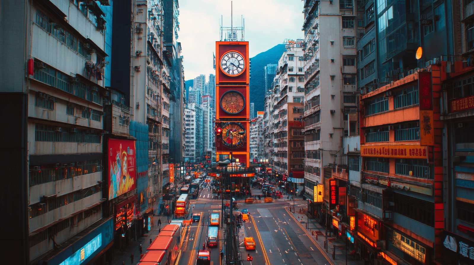 Clock tower in Yau Ma Tei, Hong Kong, surrounded by narrow buildings and urban traffic