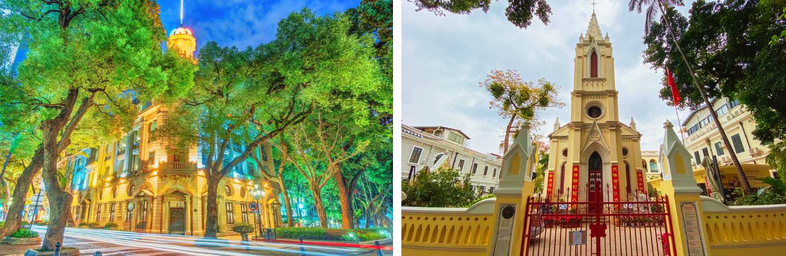 Collage of an illuminated colonial building nestled among trees and a neo-Gothic cathedral in the historic centre of Guangzhou