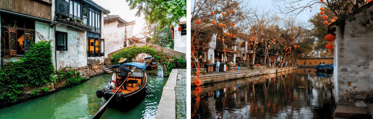 Canal avec une barque sous un pont en pierre et des rues traditionnelles décorées de lanternes