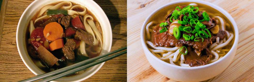 Deux versions de la soupe de nouilles au bœuf taïwanaise, avec ses nouilles, son bouillon et son bœuf.