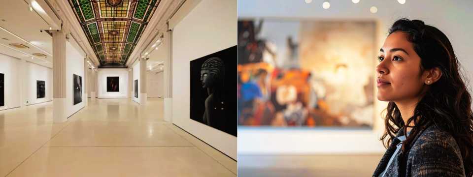 A museum gallery in Hong Kong with a beautifully decorated ceiling and a visitor admiring an art exhibition.