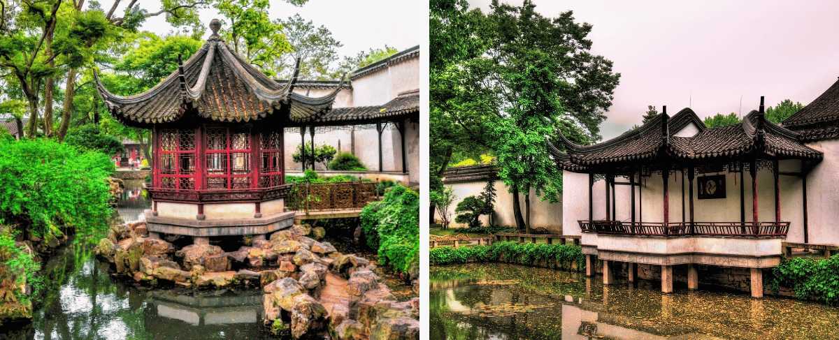 Pabellones tradicionales en jardines clásicos chinos con estanques y vegetación en Suzhou