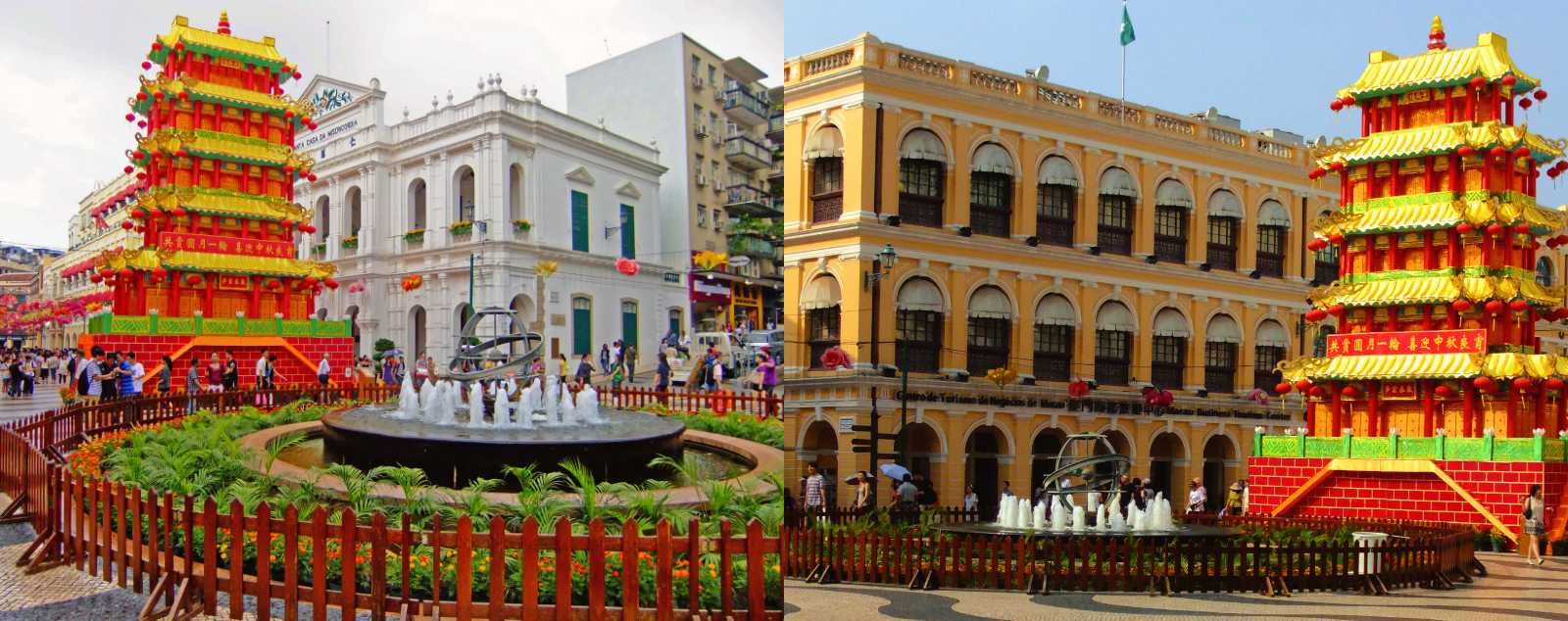 Senado Square in Macau, decorated for a festival with colourful pagodas, a central fountain, and colonial architecture all around