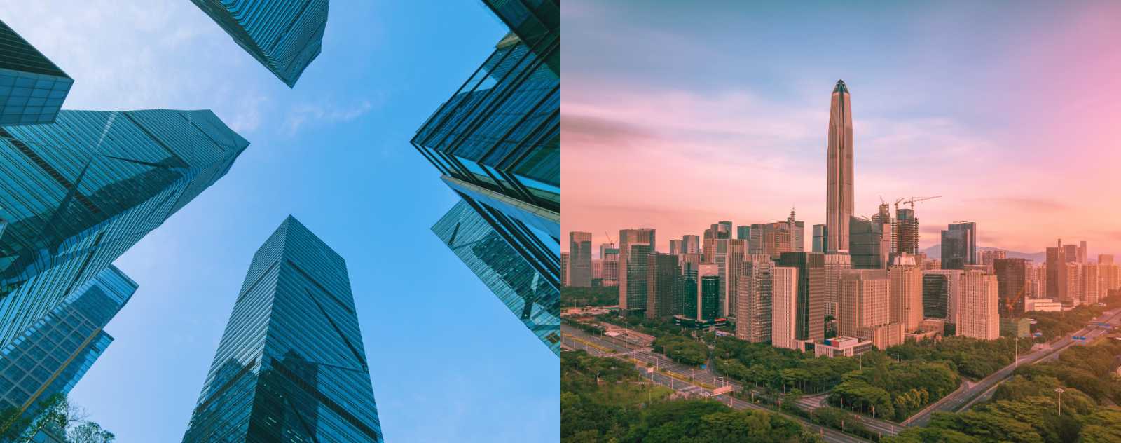 Two-image composition of Shenzhen showcasing modern skyscrapers from below and an aerial view of the city at sunset