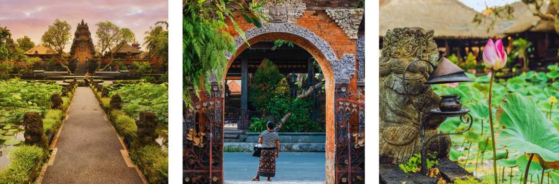 Templos tradicionales de Ubud con jardines, puertas ceremoniales y esculturas balinesas