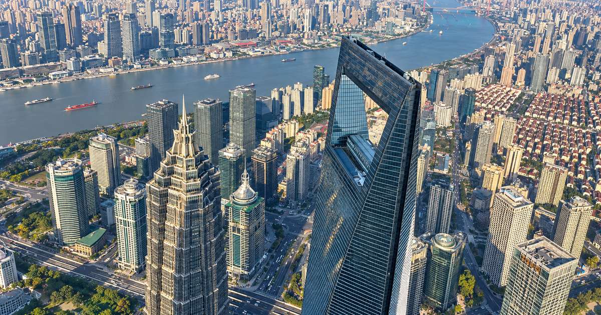 Shanghai World Financial Center e Jin Mao Tower vistos de cima, a partir da Torre de Xangai