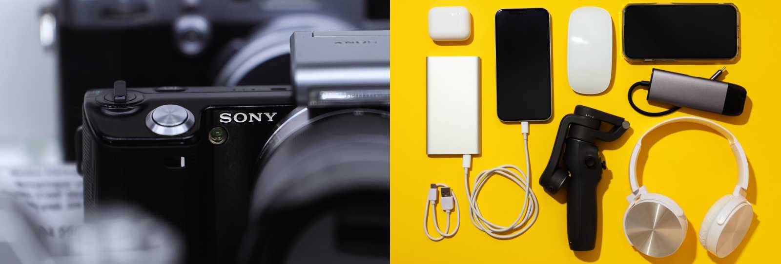 Una fotocamera Sony e accessori da viaggio, tra cui un power bank, cuffie e caricabatterie, su uno sfondo giallo.