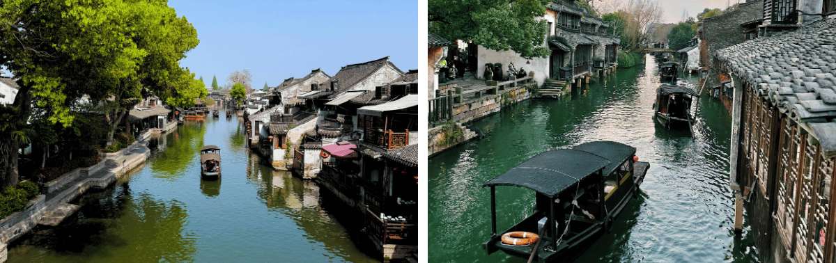 Canaux d'eau dans un village chinois traditionnel avec ses barques et ses maisons anciennes